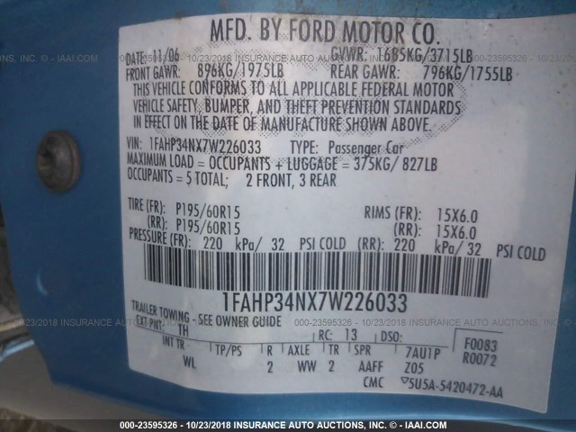 1FAHP34NX7W226033 - 2007 FORD FOCUS ZX4/S/SE/SES 蓝色 照片 9