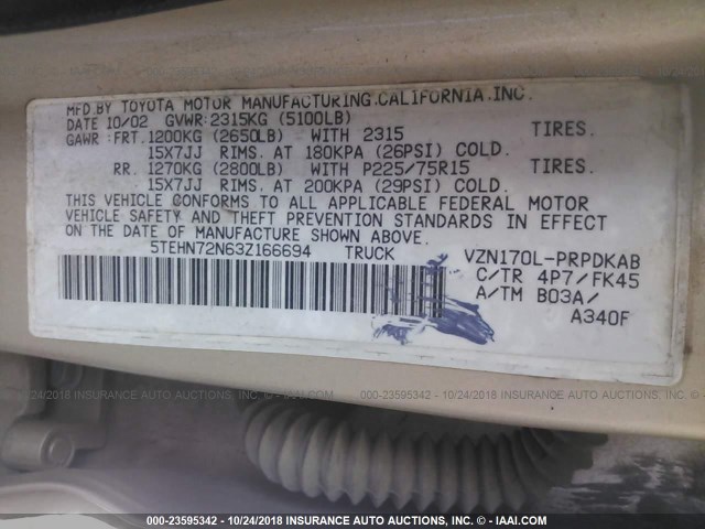 5TEHN72N63Z166694 - 2003 TOYOTA TACOMA DOUBLE CAB 金色 照片 9