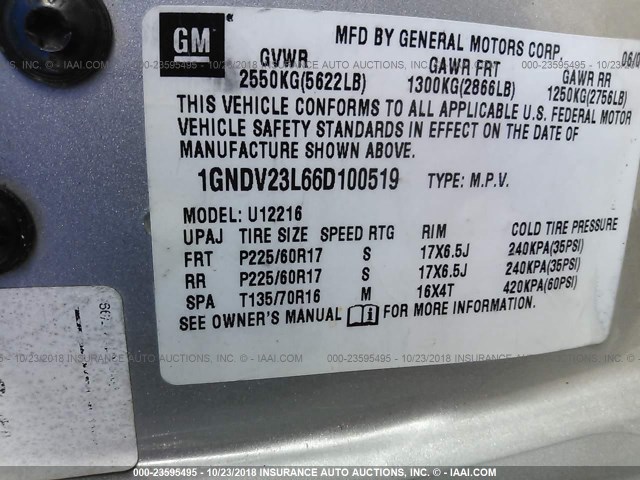 1GNDV23L66D100519 - 2006 CHEVROLET UPLANDER LS SILVER photo 9