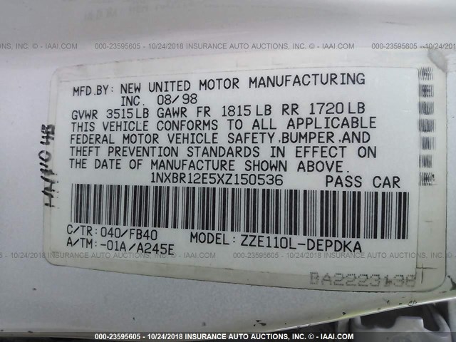 1NXBR12E5XZ150536 - 1999 TOYOTA COROLLA VE/CE/LE 白色 照片 9