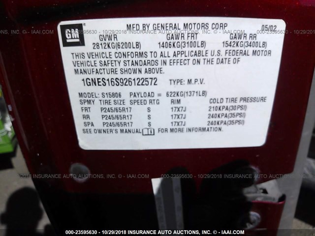 1GNES16S926122572 - 2002 CHEVROLET TRAILBLAZER EXT RED photo 9