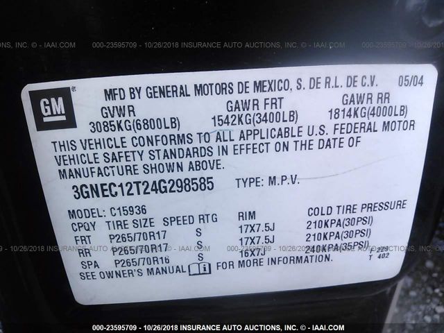 3GNEC12T24G298585 - 2004 CHEVROLET AVALANCHE C1500 BLACK photo 9