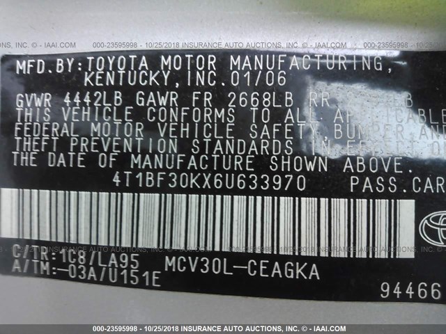 4T1BF30KX6U633970 - 2006 TOYOTA CAMRY LE/XLE/SE SILVER photo 9