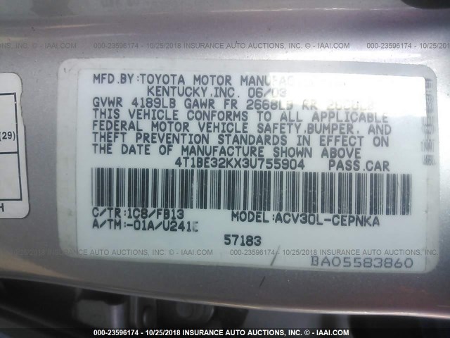 4T1BE32KX3U755904 - 2003 TOYOTA CAMRY LE/XLE/SE Gümüş foto 9