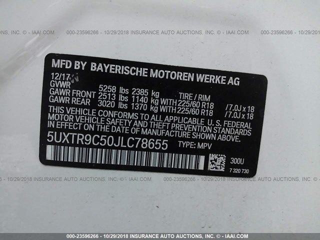 5UXTR9C50JLC78655 - 2018 BMW X3 XDRIVEM40I Белый фото 9