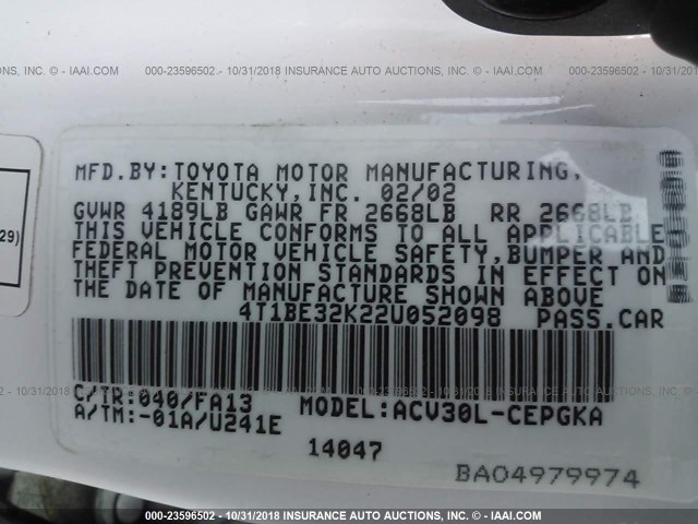4T1BE32K22U052098 - 2002 TOYOTA CAMRY LE/XLE/SE Ağ foto 9