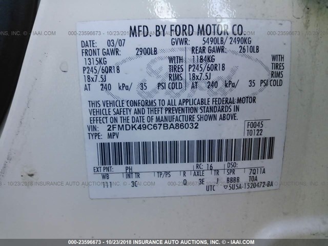 2FMDK49C67BA86032 - 2007 FORD EDGE SEL PLUS CREAM photo 9