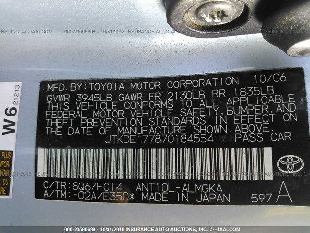 JTKDE177870184554 - 2007 TOYOTA SCION TC Light Blue photo 9