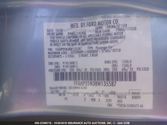 1FAHP35N38W135587 - 2008 FORD FOCUS SE/SEL/SES Light Blue photo 9