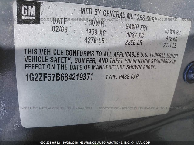 1G2ZF57B684219371 - 2008 PONTIAC G6 VALUE LEADER/BASE GRAY photo 9