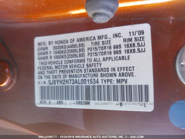 5J6YH2H73AL001534 - 2010 HONDA ELEMENT EX ORANGE photo 9