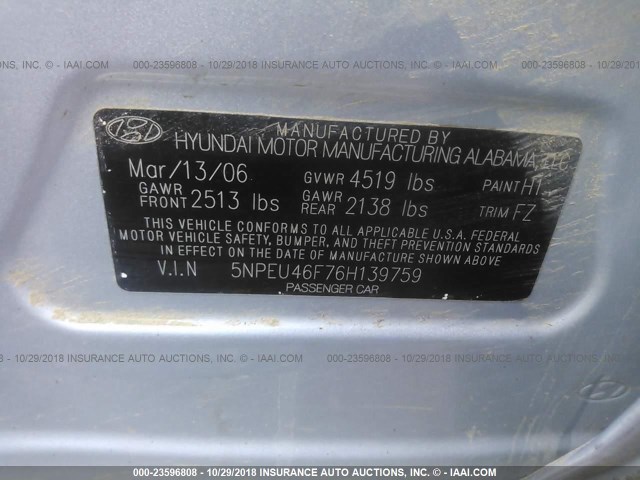 5NPEU46F76H139759 - 2006 HYUNDAI SONATA GLS/LX Light Blue photo 9