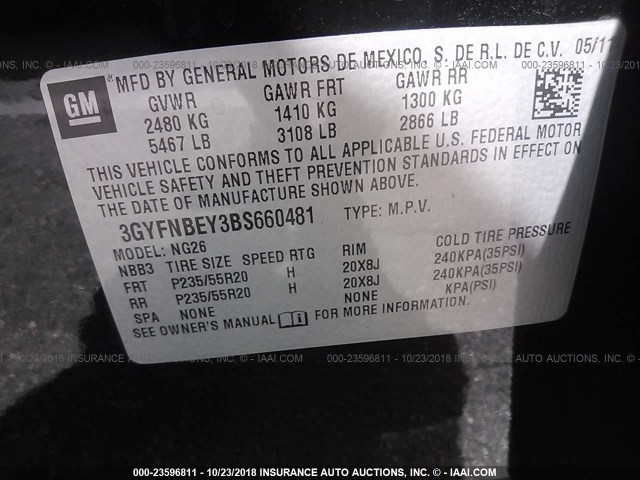 3GYFNBEY3BS660481 - 2011 CADILLAC SRX PERFORMANCE COLLECTION Қара фото 9