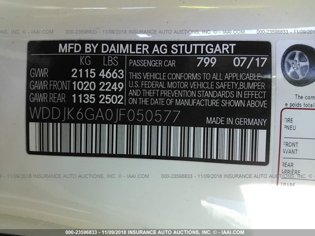 WDDJK6GA0JF050577 - 2018 MERCEDES-BENZ SL 450 WHITE photo 9