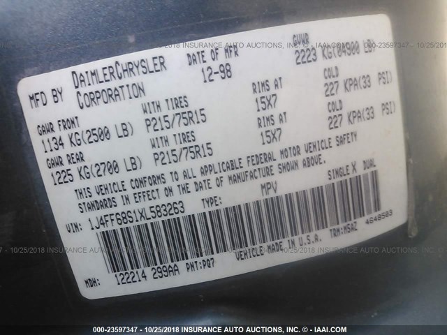 1J4FF68S1XL583263 - 1999 JEEP CHEROKEE SPORT/CLASSIC ლურჯი ფოტო 9