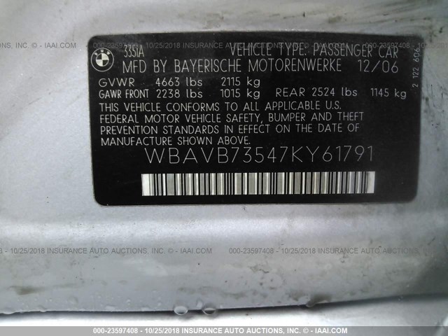 WBAVB73547KY61791 - 2007 BMW 335 I SILVER photo 9