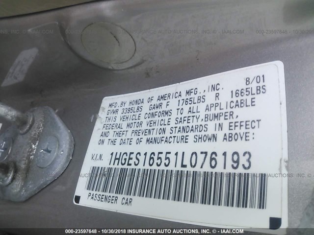 1HGES16551L076193 - 2001 HONDA CIVIC LX GOLD photo 9