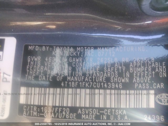 4T1BF1FK7CU143946 - 2012 TOYOTA CAMRY SE/LE/XLE GRAY photo 9