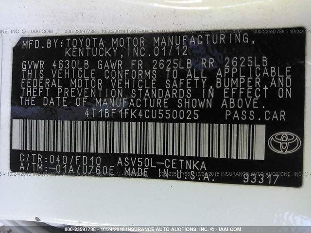 4T1BF1FK4CU550025 - 2012 TOYOTA CAMRY SE/LE/XLE 白色 照片 9