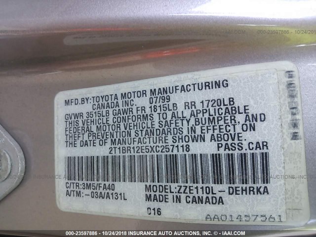 2T1BR12E5XC257118 - 1999 TOYOTA COROLLA VE/CE/LE TAN photo 9