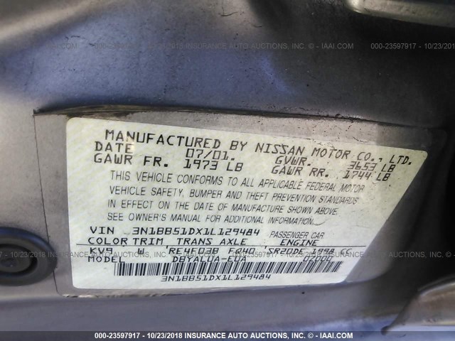 3N1BB51DX1L129484 - 2001 NISSAN SENTRA SE SILVER photo 9