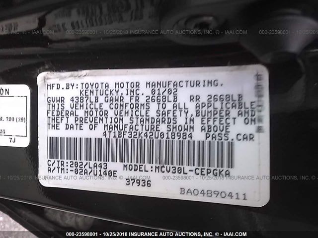 4T1BF32K42U018984 - 2002 TOYOTA CAMRY LE/XLE/SE BLACK photo 9
