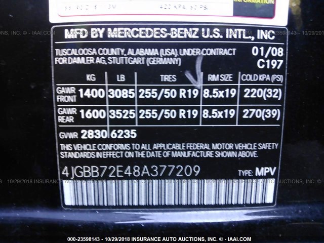 4JGBB72E48A377209 - 2008 MERCEDES-BENZ ML 550 BLACK photo 9