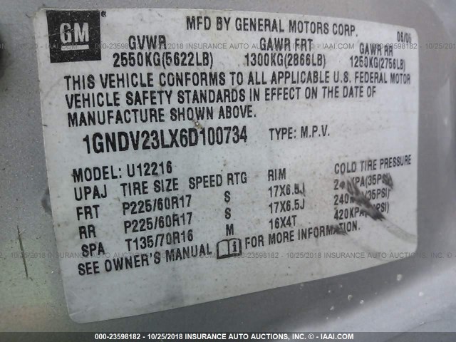 1GNDV23LX6D100734 - 2006 CHEVROLET UPLANDER LS GRAY photo 9