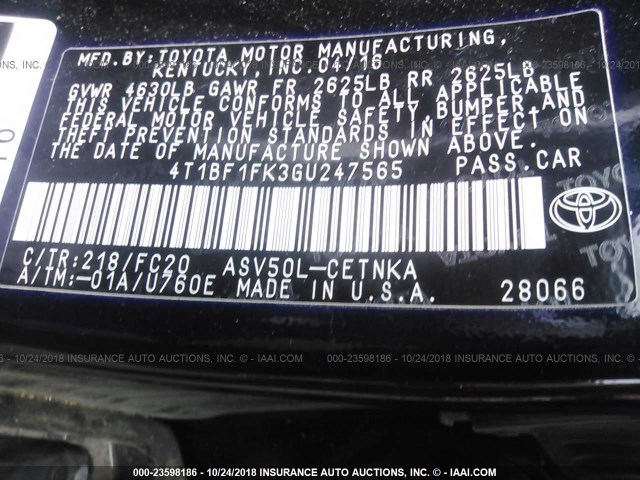 4T1BF1FK3GU247565 - 2016 TOYOTA CAMRY LE/XLE/SE/XSE BLACK photo 9