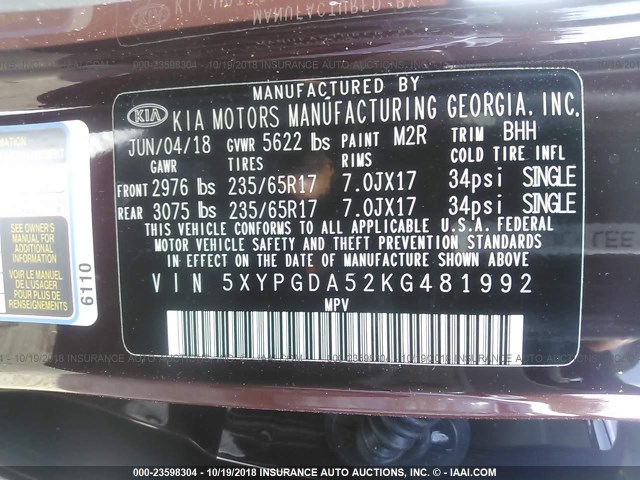 5XYPGDA52KG481992 - 2019 KIA SORENTO LX/L MAROON photo 9