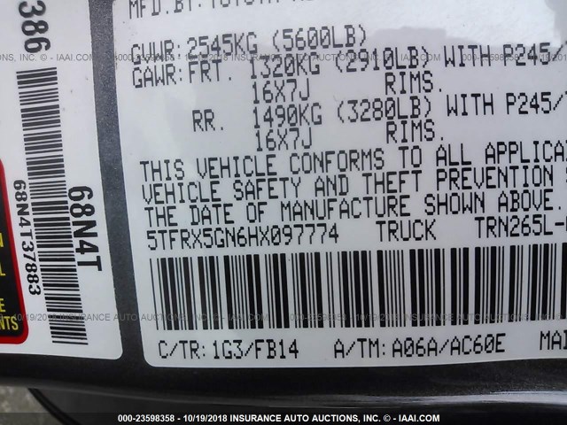 5TFRX5GN6HX097774 - 2017 TOYOTA TACOMA ACCESS CAB/SR/SR5 ნაცრისფერი ფოტო 9