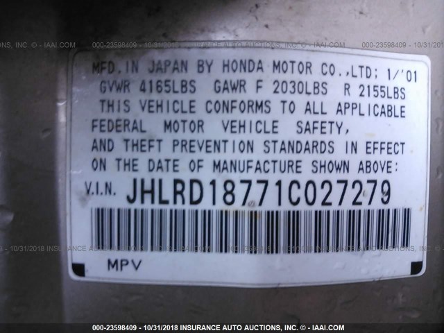 JHLRD18771C027279 - 2001 HONDA CR-V SE/LE GOLD photo 9