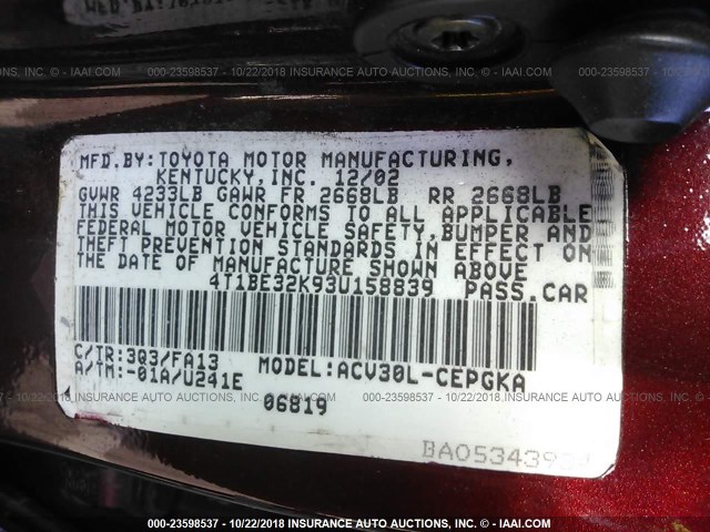 4T1BE32K93U158839 - 2003 TOYOTA CAMRY LE/XLE/SE Қызыл фото 9