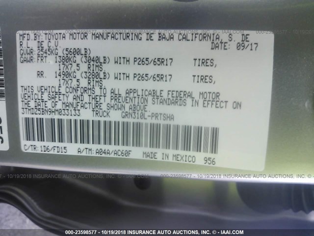 3TMDZ5BN9HM033133 - 2017 TOYOTA TACOMA DBL CAB/SR5/TRD SPORT/OR SILVER photo 9