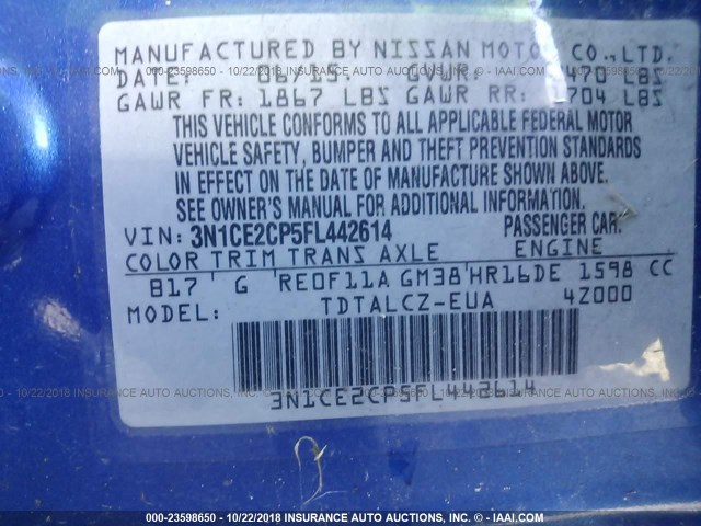 3N1CE2CP5FL442614 - 2015 NISSAN VERSA NOTE S/S PLUS/SV/SL/SR BLUE photo 9