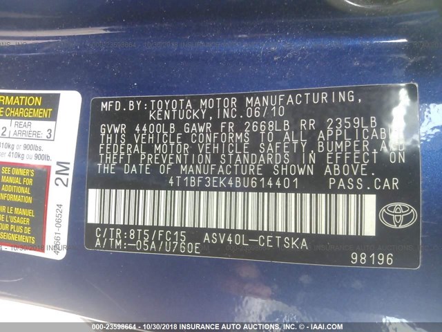4T1BF3EK4BU614401 - 2011 TOYOTA CAMRY SE/LE/XLE BLUE photo 9