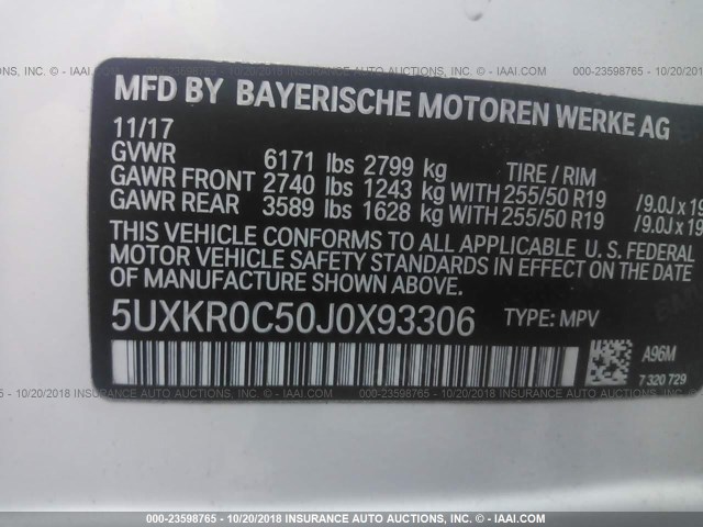 5UXKR0C50J0X93306 - 2018 BMW X5 XDRIVE35I Ağ foto 9