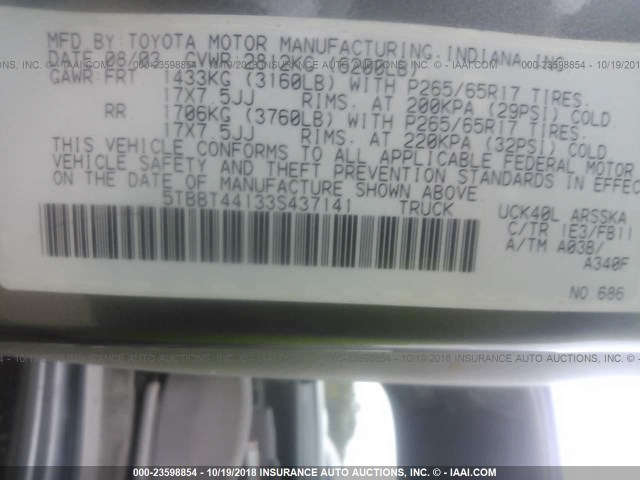 5TBBT44133S437141 - 2003 TOYOTA TUNDRA ACCESS CAB SR5 GRAY photo 9