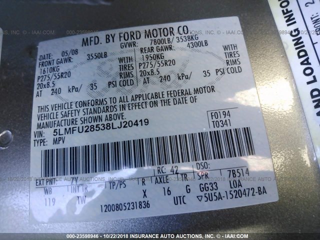 5LMFU28538LJ20419 - 2008 LINCOLN NAVIGATOR Szary zdjęcie 9