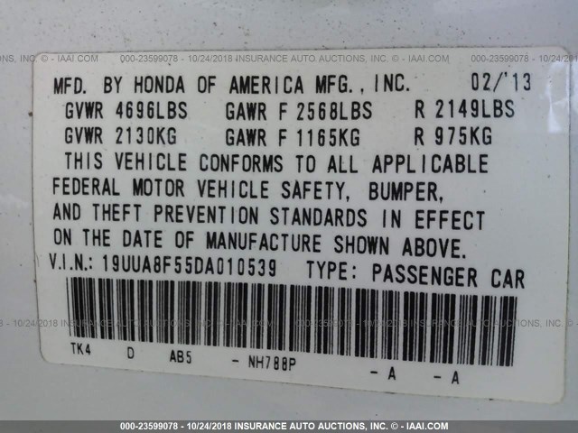 19UUA8F55DA010539 - 2013 ACURA TL TECH WHITE photo 9