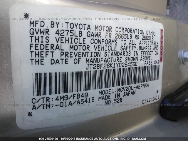 JT2BF28K1Y0284560 - 2000 TOYOTA CAMRY LE/XLE 棕色 照片 9