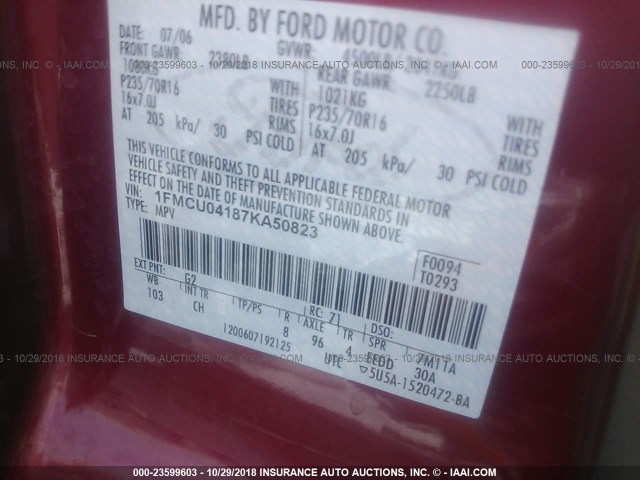 1FMCU04187KA50823 - 2007 FORD ESCAPE LIMITED RED photo 9