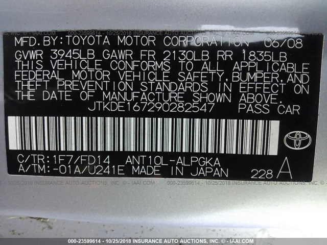 JTKDE167290282547 - 2009 TOYOTA SCION TC 银色 照片 9