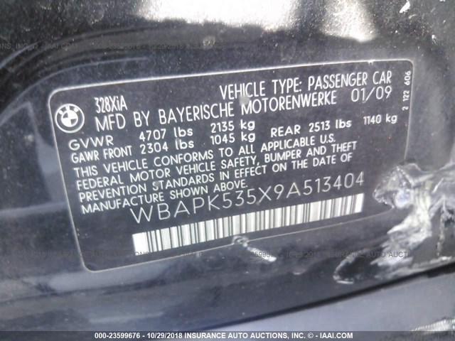 WBAPK535X9A513404 - 2009 BMW 328 XI SULEV BLACK photo 9