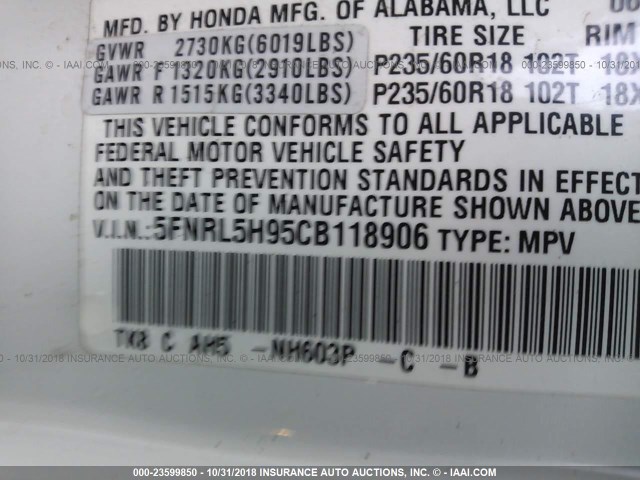 5FNRL5H95CB118906 - 2012 HONDA ODYSSEY TOURING/TOURING ELITE WHITE photo 9