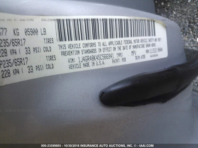 1J4GR48K45C566941 - 2005 JEEP GRAND CHEROKEE LAREDO/COLUMBIA/FREEDOM 银色 照片 9