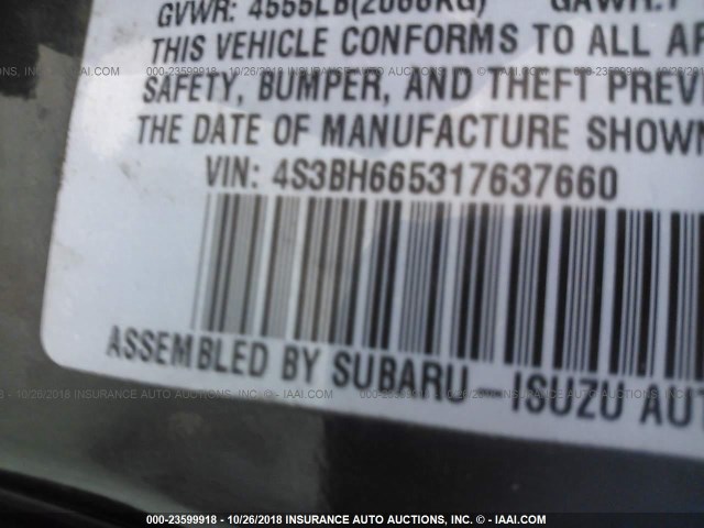 4S3BH665317637660 - 2001 SUBARU LEGACY OUTBACK GREEN photo 9