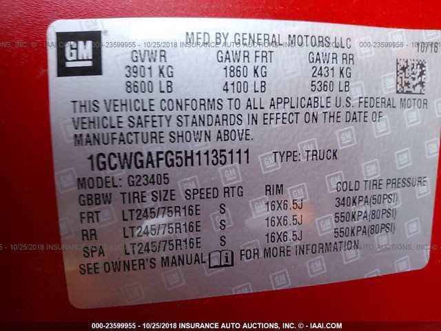 1GCWGAFG5H1135111 - 2017 CHEVROLET EXPRESS G2500  RED photo 9