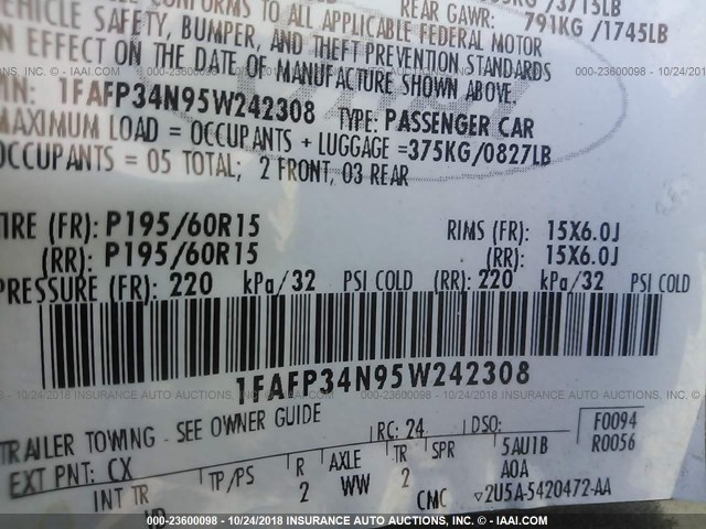 1FAFP34N95W242308 - 2005 FORD FOCUS ZX4 灰色 照片 9