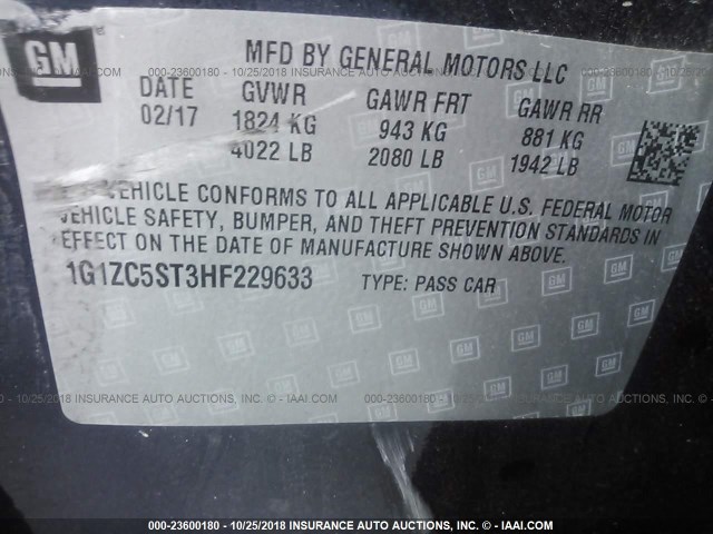 1G1ZC5ST3HF229633 - 2017 CHEVROLET MALIBU LS 蓝色 照片 9